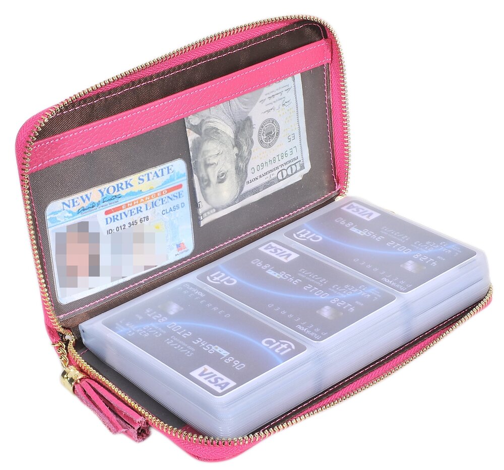 2867 Credit Card Holder Wallet Zipper Leather Case Purse RFID Blocking Rose